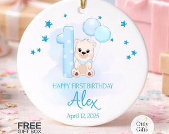 Personalized First Birthday Ornament Boy Teddy Keepsake with Name Date Ceramic Decor