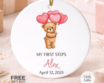 Personalized First Steps Baby Ornament with Name and Date, Ceramic Milestone Keepsake