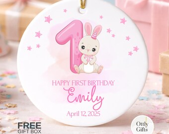 Personalized First Birthday Ornament Girl Bunny Keepsake with Name Date Ceramic Decor