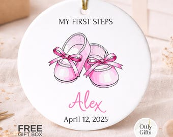 Personalized First Steps Baby Ornament, Custom Name Keepsake with Date, Ceramic Nursery Decor