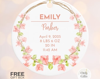 Personalized Birth Stats Keepsake for Baby Girl, Minimal Floral Ceramic Gift for Newborn