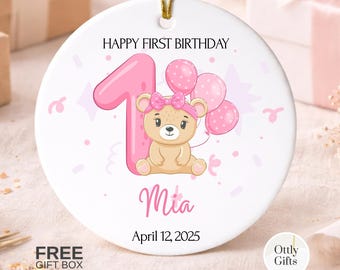 Personalized First Birthday Ornament with Name and Date, Baby Keepsake Ceramic Decor