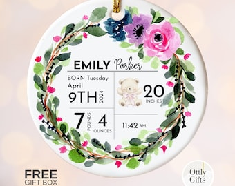 Baby Girl Birth Stats Ornament, Personalized Ceramic Keepsake for First Birthday or Nursery