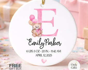 Personalized Baby Girl Initial Ornament with Name, Birth Stats Ceramic Keepsake, Custom Newborn Gift