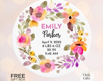 Custom Newborn Birth Details Ornament, Colorful Floral Baby Girl Keepsake Gift
