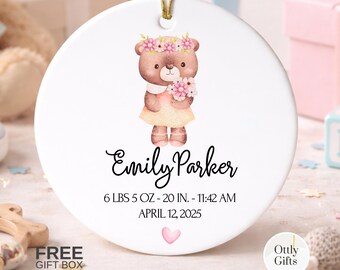 Custom Baby Girl Birth Ornament with Name and Stats, Ceramic Newborn Nursery Keepsake