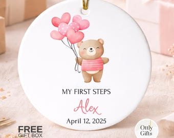 Personalized First Steps Baby Ornament, Custom Milestone Keepsake with Name and Date