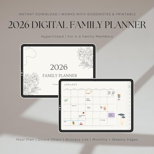 May include: A digital family planner for 2026, displayed on two tablets. The planner includes monthly and weekly pages, a meal plan, chore chart, and grocery list. The text on the screen reads "2026 Family Planner" and "January".
