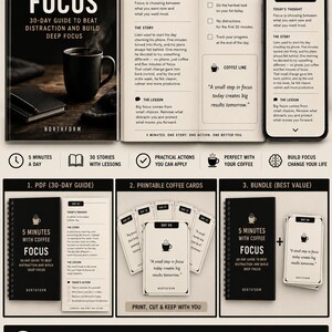 Fokus Digital Planner | 30-dagars produktivitets- och djupfokusarbetsbok | Utskrivbar PDF + Kaffekort
