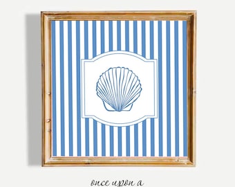 Vintage Seashell Art Print, Blue Striped Coastal Decor (Digital Download)