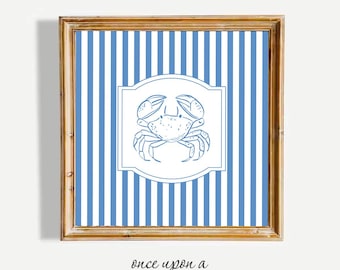 Blue Stripe Crab Art Print, Coastal Decor, (Digital Download)