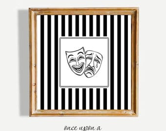 Comedy and Tragedy Mask Art Print, Theatre Masks Art, Black and White Striped, (Digital Download)