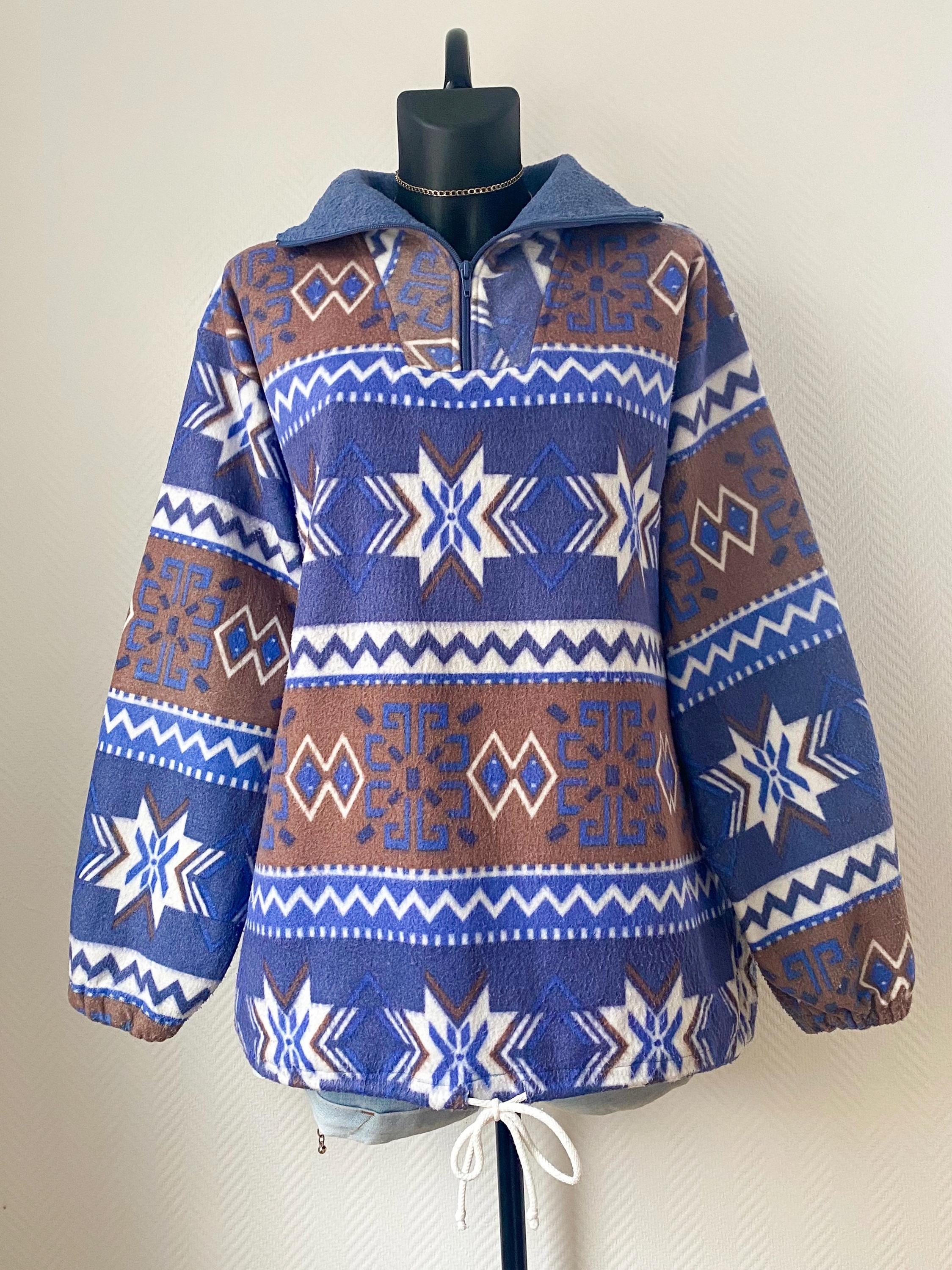 Sweat à Col Polaire Rayé Vintage Années 90 Homme Taille XL - Bleu, Streetwear