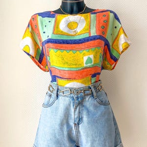 Vintage Silk Colorful Blouse Abstract Print Statement Top Oversized Boxy Blouse Short Sleeve Retro 80s L