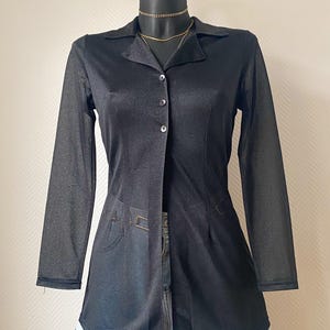 Vintage mesh blouse black mesh sleeve long • Made in USA sheer sleeves jacket • Y2K minimalist satin effect blouse • Gothic elegant butto