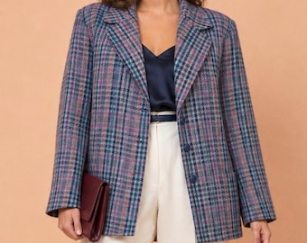Vintage 80s Multicolor Plaid Wool Blazer Large Size