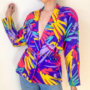 Vintage Silk Blazer Colorful Abstract Print Jacket Bright Statement Retro 80s Tailored Blazer Size S