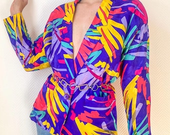 Vintage Silk Blazer Colorful Abstract Print Jacket Bright Statement Retro 80s Tailored Blazer Size S