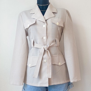Vintage beige safari jacket, belted gingham blazer women, checkered utility jacket, 90s safari blazer