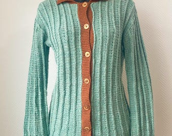 Kardigan w stylu vintage, dzianinowy, zielono-brązowy, teksturowany, prążkowany, przytulny, zapinany na guziki, kardigan w kolorze ziemi, vintage, damski, rozmiar M, L
