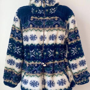 Vintage snowflake fleece jacket 80s | navy blue winter zip hooded jacket | rare soft retro ski coat | cozy warm patterned fleece L