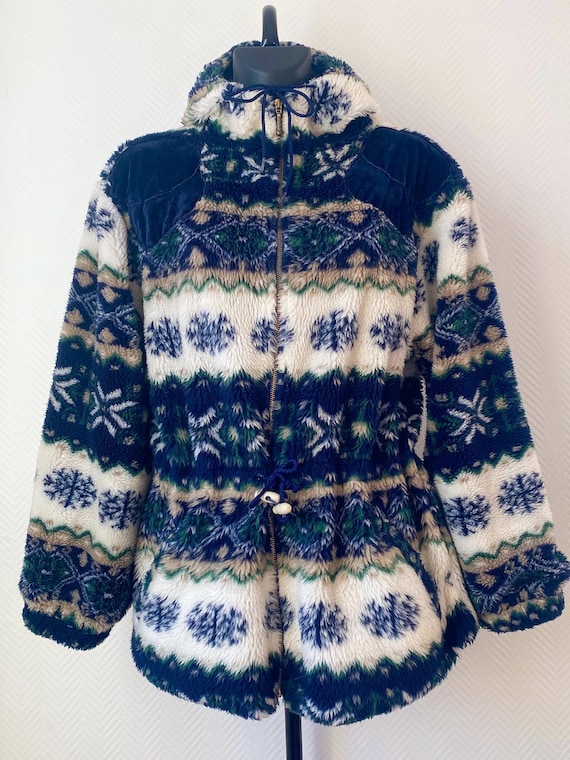 Vintage snowflake fleece jacket 80s | navy blue winter zip hooded jacket | rare soft retro ski coat | cozy warm patterned fleece L