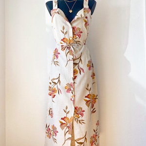 Vintage Floral Linen Blend Maxi Dress 90s Button Front Tie Waist Cottagecore Summer Dress Medium