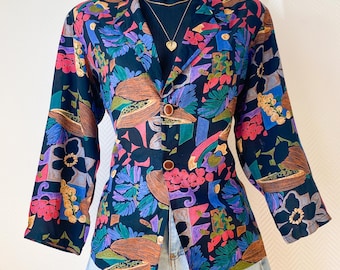 Vintage-Blazer mit Print, 90er-Jahre-Stil, bunte Baumwolljacke, schwarze Statement-Jacke mit abstraktem Muster, Damen