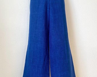 Vintage 70s Flare Pants High Waist Blue Linen Wide Leg Trousers Women Retro Bell Bottom