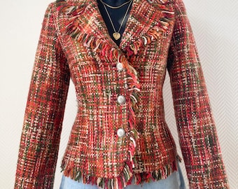 Vintage Tweed Fringe Blazer with a Fitted Waist and Fringed Trim, Women's XS S
