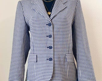 Blazer de cuadros vichy vintage de los 90, chaqueta a cuadros azul marino y blanco, blazer estilo preppy francés, talla M