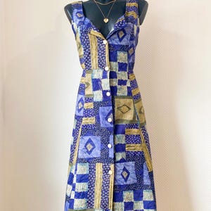 Vintage Patchwork Button Front Midi Dress Blue 90s Cotton Geometric Dress Cottagecore M L