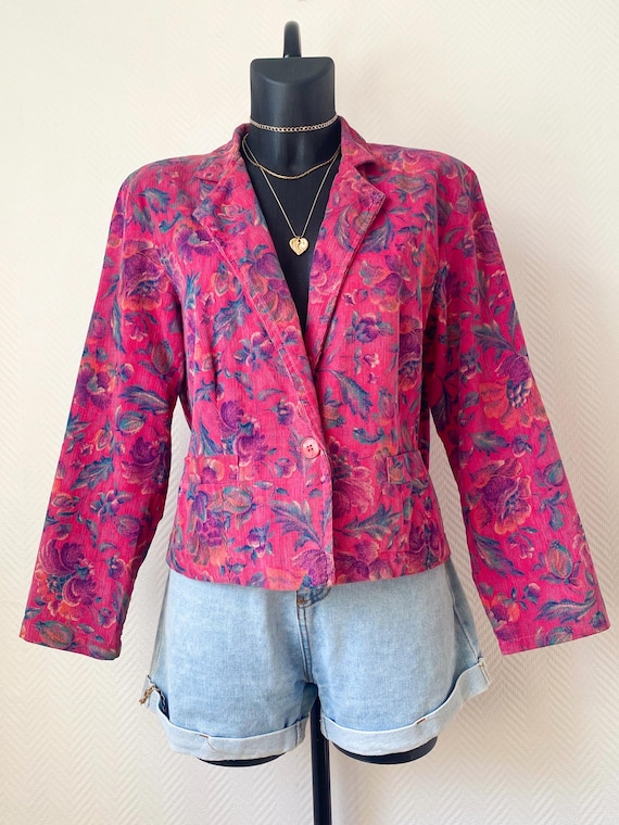 Vintage velvet blazer pink cropped, floral velvet jacket, 80s vintage blazer women, statement pink jacket Size M