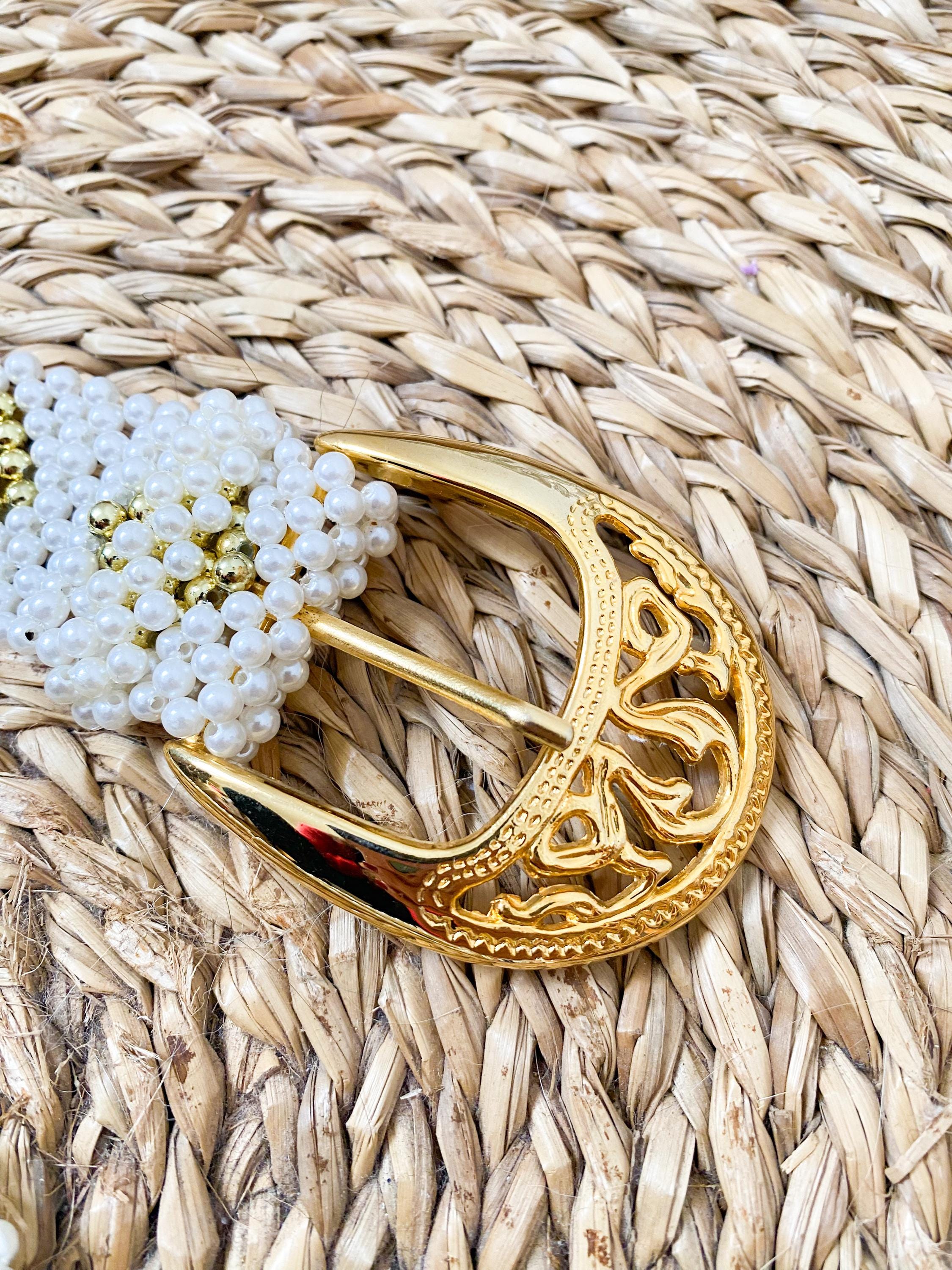 Vintage 80s Gold Beaded Belt ✨ Boho Festival Statement Waist Belt  Glam M Vintage Pearl Belt Beaded – White and Gold Statement Belt  main image 2