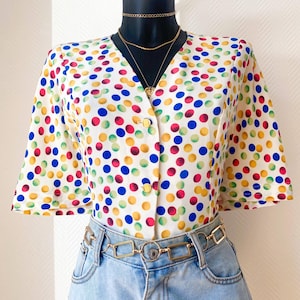 Blusa vintage de lunares, colorida, estilo años 80, con botones, camisa retro francesa chic, blusa blanca multicolor, tallas M y L.