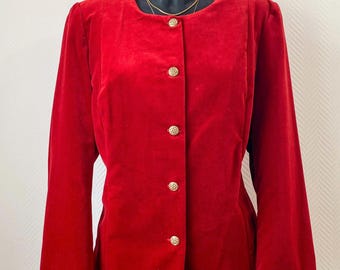 Blazer vintage de terciopelo rojo con botones dorados: elegante chaqueta francesa de los años 80, ideal para ocasiones festivas.