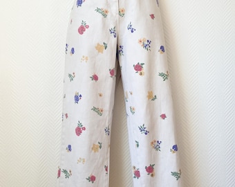 Vintage floral pants high waisted, 90s white cotton trousers, straight leg pants, romantic floral trousers, summer vintage pants