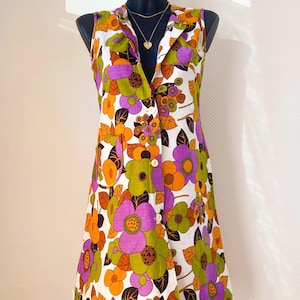 Vintage 1970s Floral Cotton Mini Dress, Handmade Mod Button Front Dress