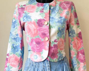 Vintage Pastel Floral Jacket – Romantic 80s Cropped Blazer