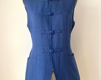 Vintage Mandarin Collar Linen Vest Blue Chinese Frog Closure Waistcoat Minimalist Asian Jacket Sleeveless Lagenlook M
