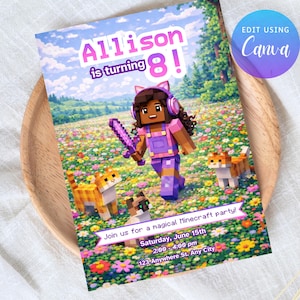 May include: A colorful invitation for Allison's 8th birthday party, featuring a Minecraft theme. The design includes a pixelated character, cats, and the text "Allison is turning 8!" with party details. The invitation is on a wooden tray.