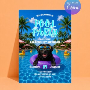 Può includere: Un biglietto d'invito rettangolare con un Labrador nero che indossa occhiali da sole gialli all'interno di un salvagente viola. Il testo recita: YOU ARE INVITED TO POOL PARTY TO CELEBRATE LAUREN'S 12TH BIRTHDAY, Sunday 09 August, 123-456-7890, 123 ANYWHERE ST., ANY CITY, ST 12345.