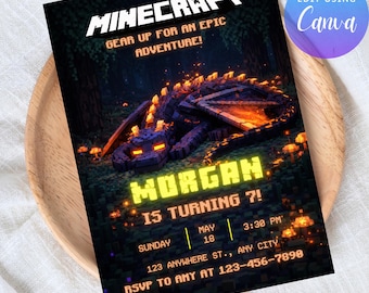 Pixel Dragon Boy Birthday Invitation | Dragon Lava Party Invite | Editable Canva Template | 5x7 Printable | 7th Birthday Party