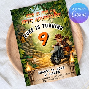 Convite de Aniversário com Tema de Aventura na Selva | Convite Editável em Blocos com Tema de Explorador | Aniversário de Menino | Download Instantâneo | 5x7 Canva | IND90