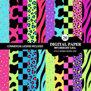 90s Neon Digital Paper Bundle | Seamless Animal Print Patterns | 80s Bright Patterns | Checkerboard | Zebra | Leopard PNG | Vibrant Bright