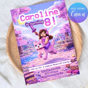 May include: A Minecraft-themed birthday party invitation featuring the text "Caroline is turning 8!" A pixelated character rides a pink cat through a fantasy landscape. The invitation includes party details and the Canva logo.