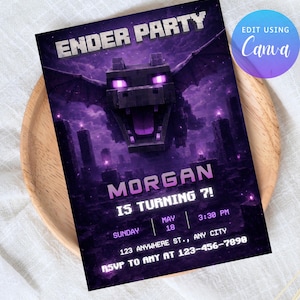 Op de afbeelding: Een paarse Ender Party uitnodiging met een gepixelde draak en de tekst "ENDER PARTY". De uitnodiging bevat de naam "MORGAN", de leeftijd "IS TURNING 7!", datum, tijd, adres en RSVP-informatie.