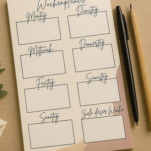 May include: A weekly planner with the days of the week in German, featuring boxes for each day and a section for weekly goals. A black pen and a wooden pencil are placed on the right side of the planner.