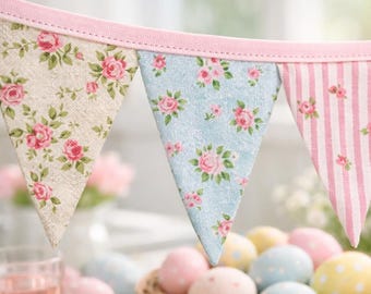 Easter Bunting Decoration, Pastel Pennant Banner, Fabric Spring Decor, Floral Garlands