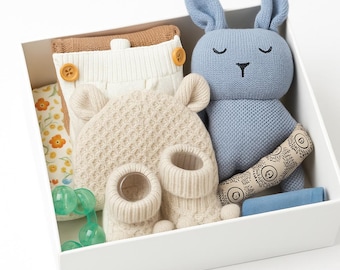Baby Gift Set Box, One of Kind Neutral Newborn Knit Romper Bunny Toy, Baby Shower, New Mommy Present